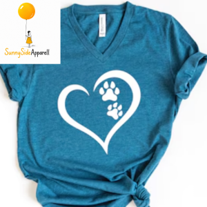 Heart Paw Print Teal VNeck TShirt 2026 Cute Dog Cat Animal Lover Graphic Casual Apparel 2 25