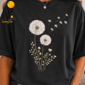 White Dandelion Floral Black TShirt 2026 Botanical Nature Graphic Casual Apparel 2 24 1