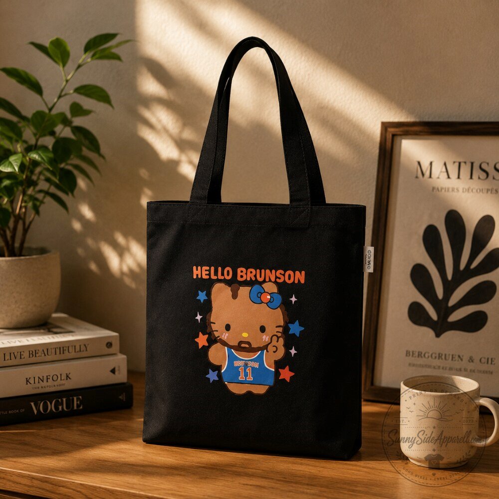 Hello Brunson Hello Kitty Jalen Brunson Inspired Black Canvas Tote Bag