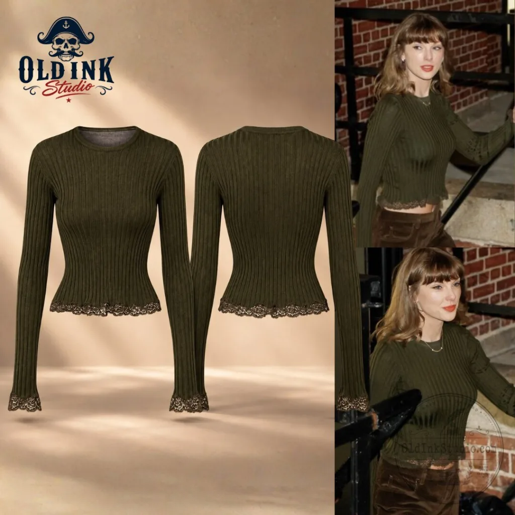 Taylor Swift Olive Green Ribbed Knit Brown Lace Trim Long Sleeve Top 2026