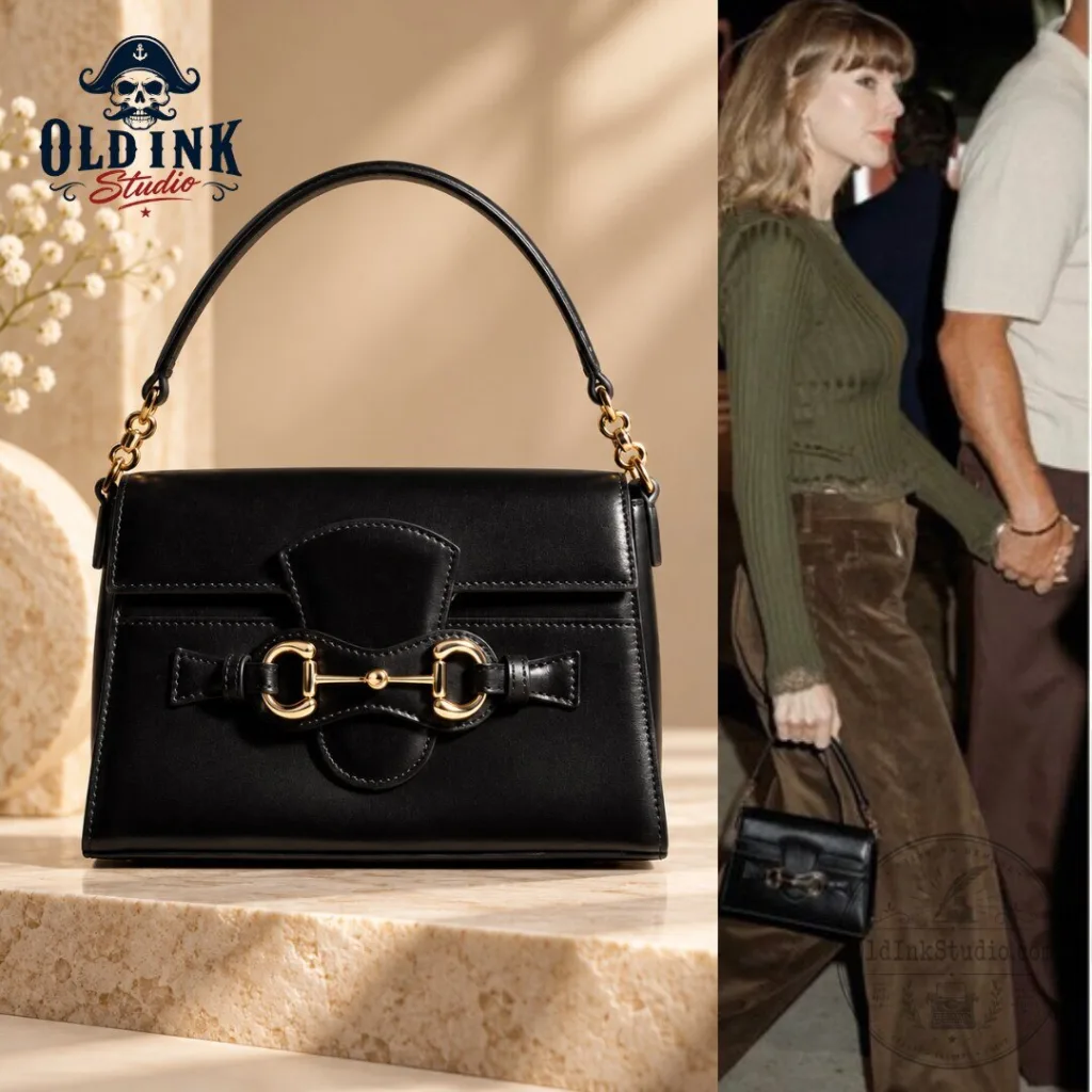 Taylor Swift Style Black Leather Horsebit Top Handle Bag 2026