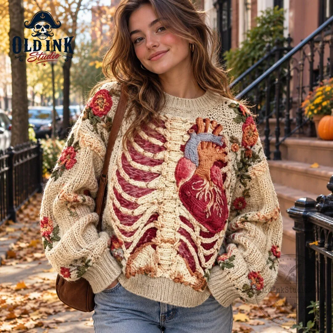 Anatomical Heart & Skeleton Ribcage Knit Sweater 2026